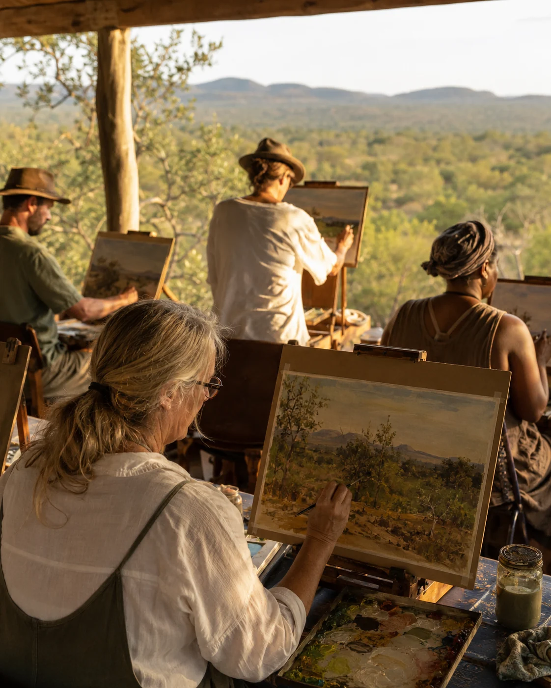 Artists painting Lowveld landscapes from a shaded outdoor veranda
